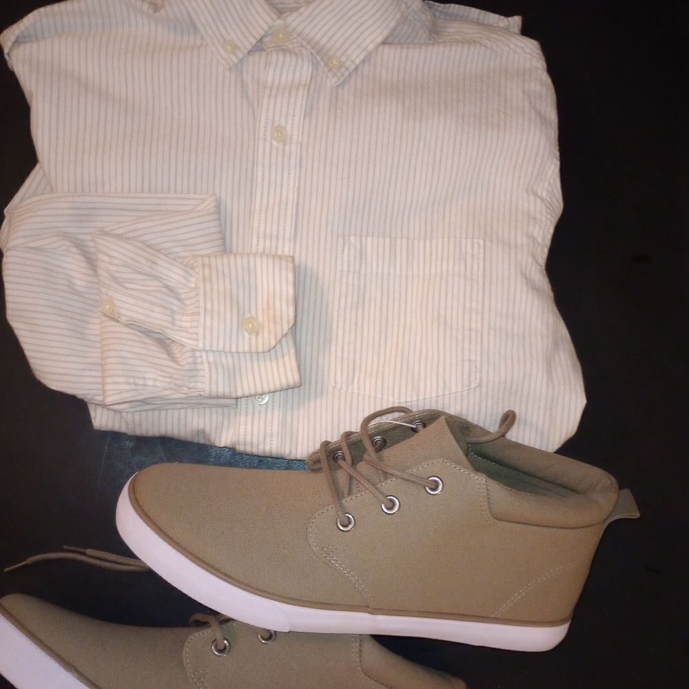 🆕👔Long Sleeve Every Day Wear Button-Down Shirt, Striped Tan/White